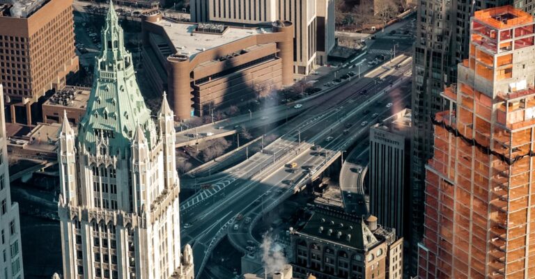 High-rise buildings and busy streets capture the essence of New York City's vibrant architecture.