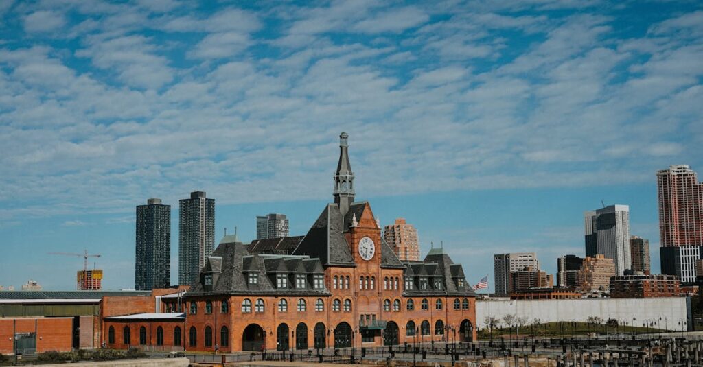 Scenic view of the historic Central Railroad of New Jersey Terminal with modern skyline in Jersey City.