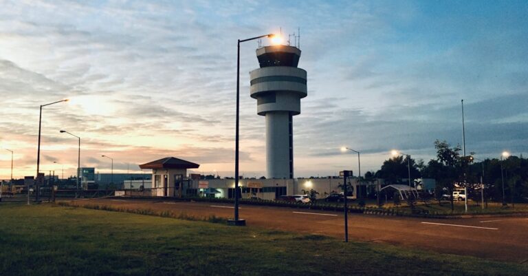 View of the control tower in Davao City, Philippines, during sunset with a serene sky.