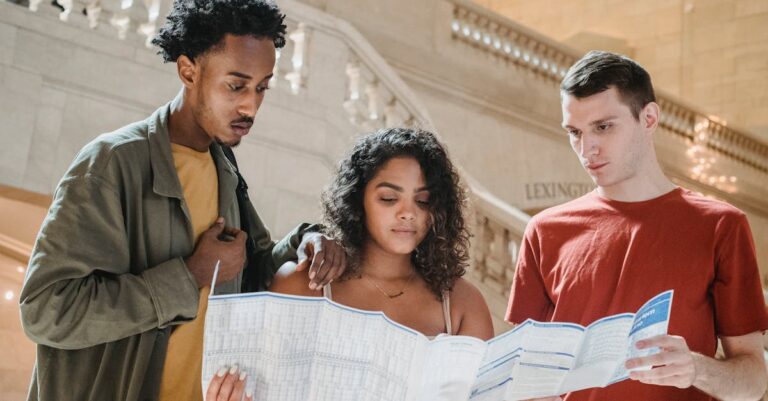Group of travelers reading a map in Grand Central Station, New York City.