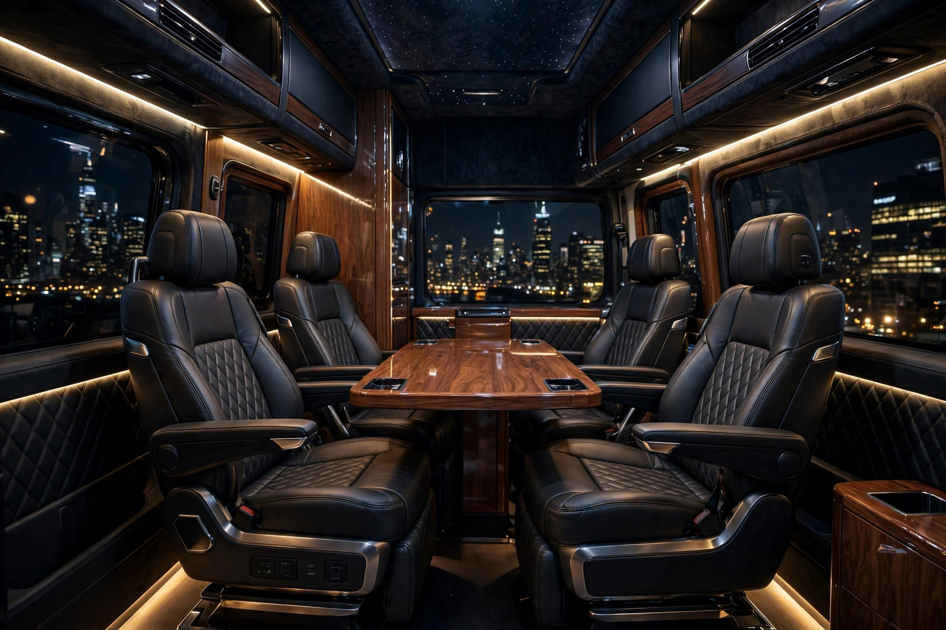Executive luxury Sprinter van interior with table seating at night