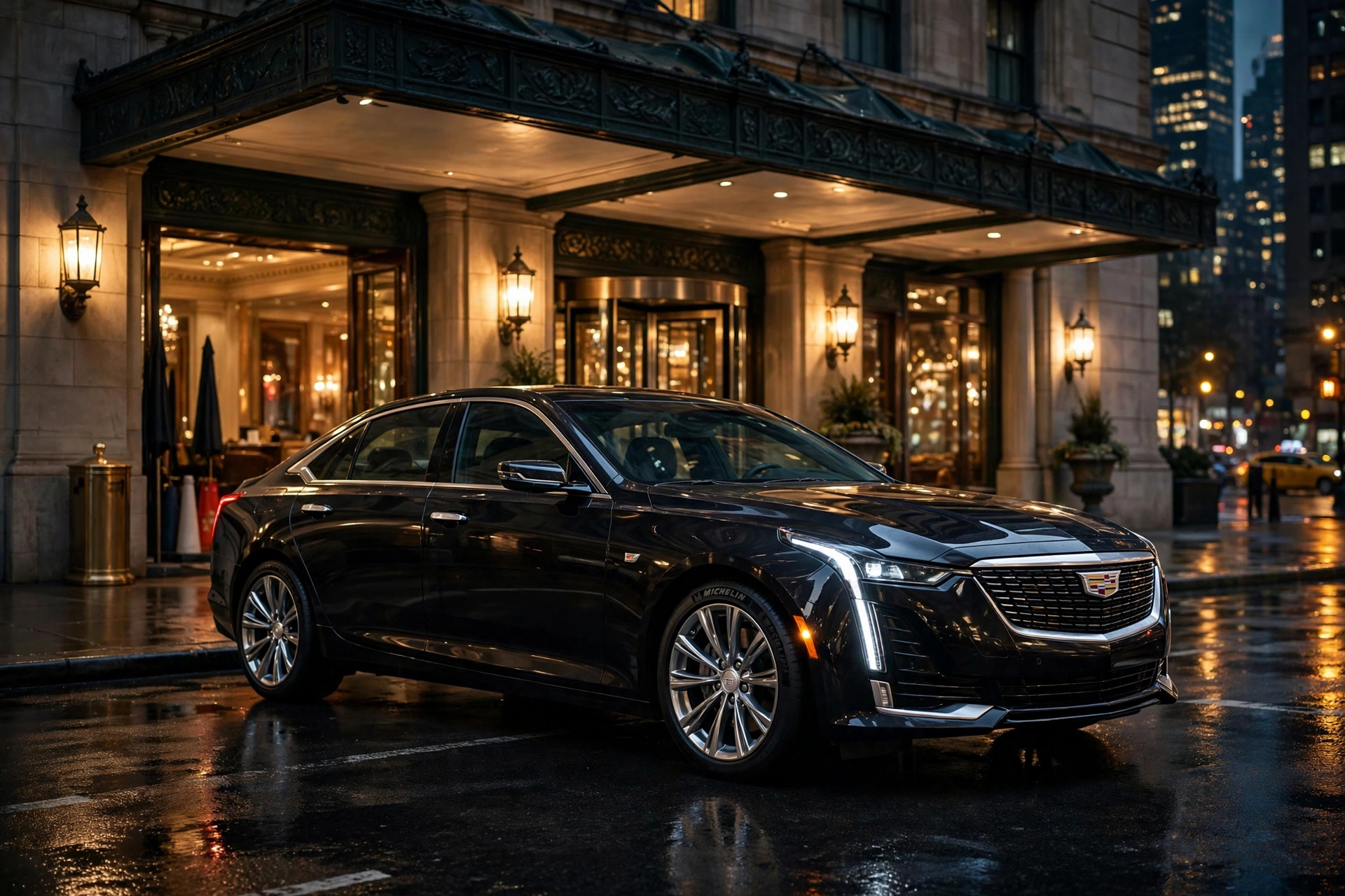 Black luxury sedan in Manhattan at night