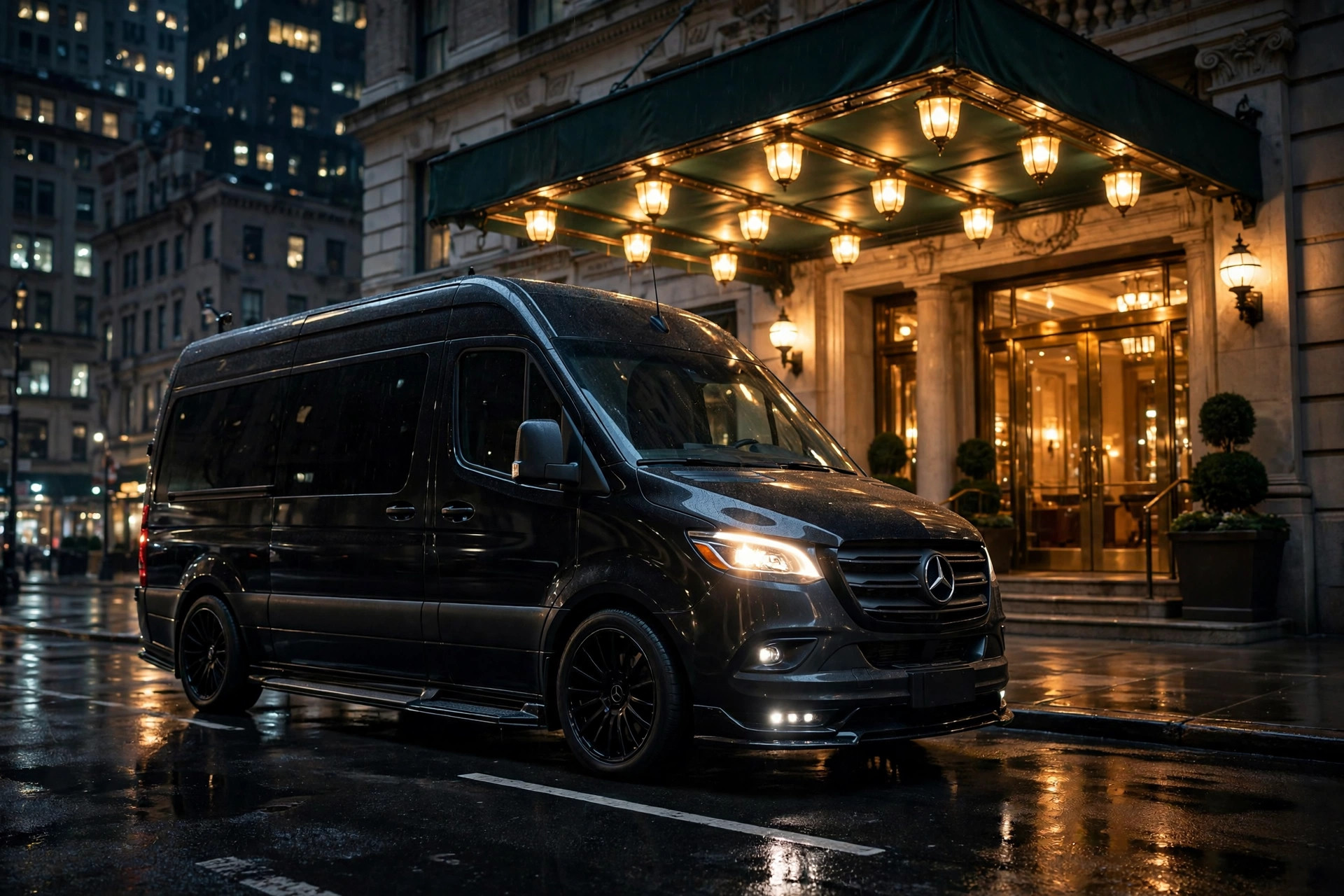 Black Mercedes-Benz Sprinter luxury van at a Manhattan hotel entrance at night