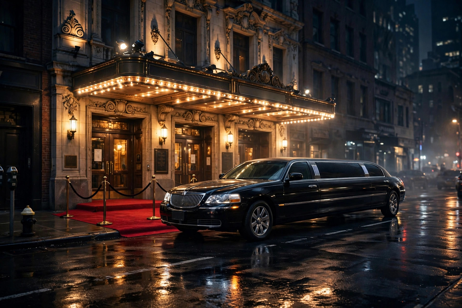 Black stretch limousine in New York City at night