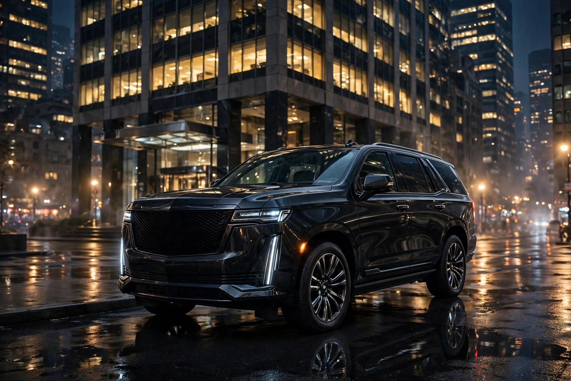Black Cadillac Escalade style luxury SUV outside a Manhattan office tower at night