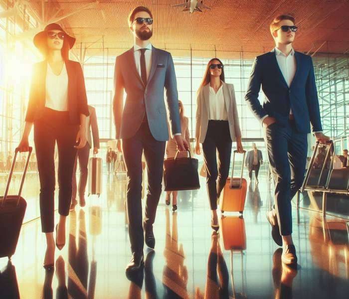 Group airport travelers at terminal