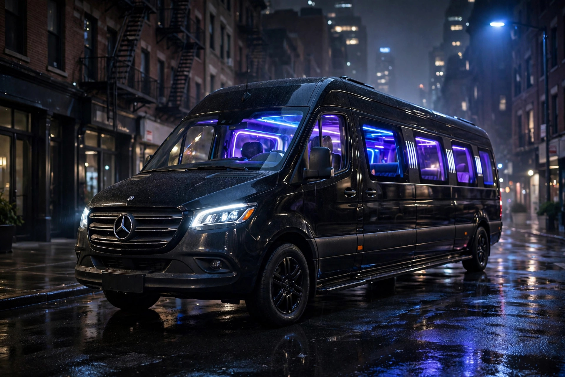 Black Sprinter limousine party van with glowing interior on a Manhattan street at night